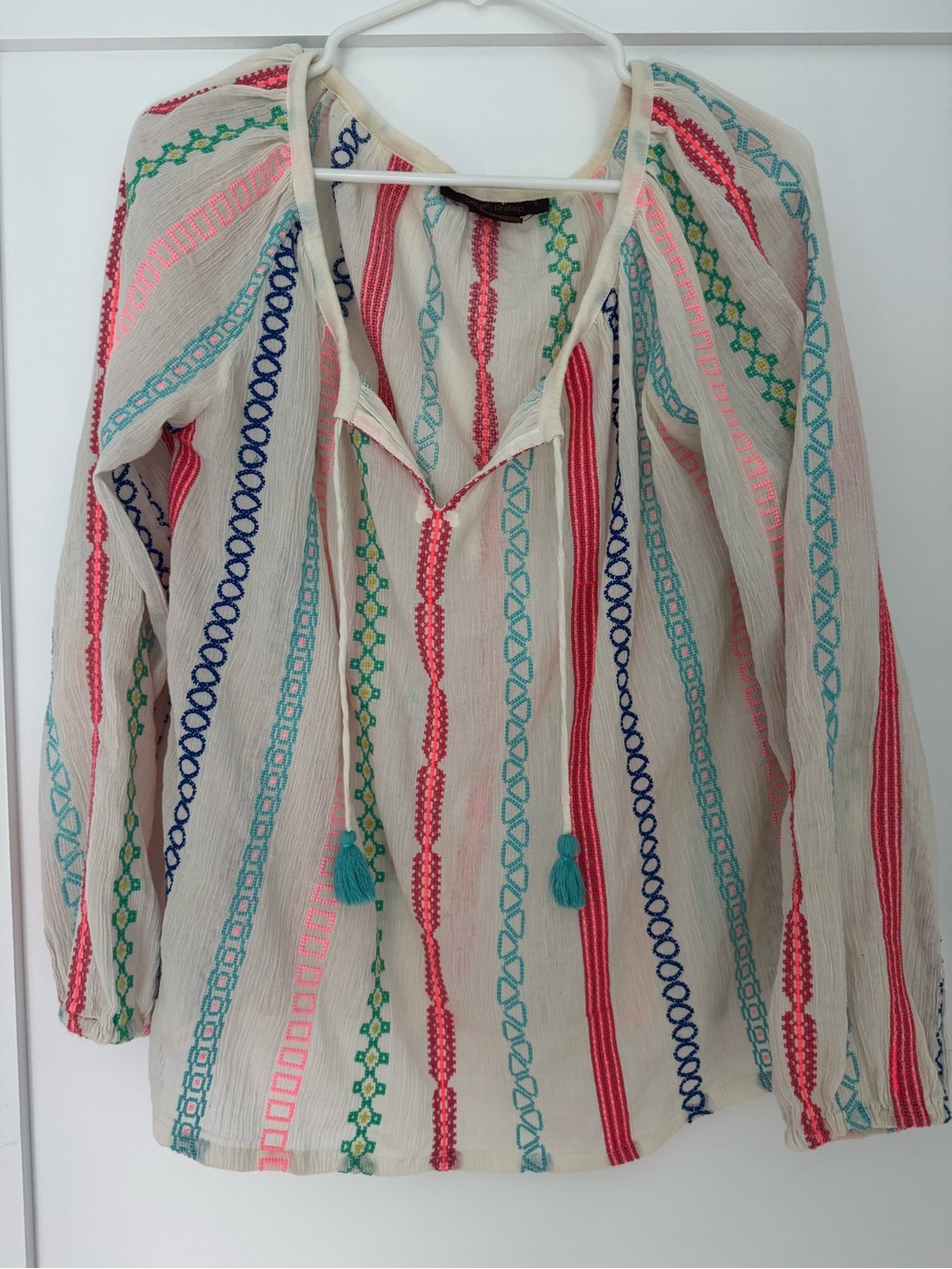 ANTHROPOLOGIE Embroidered Cream Peasant Blouse with Multicolor Stripes. Runs big